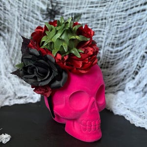 Flower Crown - Red and black flowers w/ faux green plant bulb (Black Headband, Day of the Dead, Halloween Headpiece, Floral Crown)