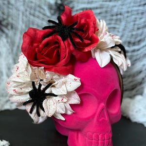 Flower Crown - White dahlias w/ red paint “blood spatter” & red roses (Black Headband, Dia de los Muertos, Festival Headpiece, Floral Crown)