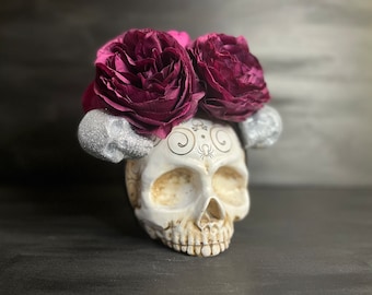 Flower Crown - Purple roses with silver glitter skulls (Black headband, Dia de los Muertos, Halloween, Skeletons, Witchy Vibe)