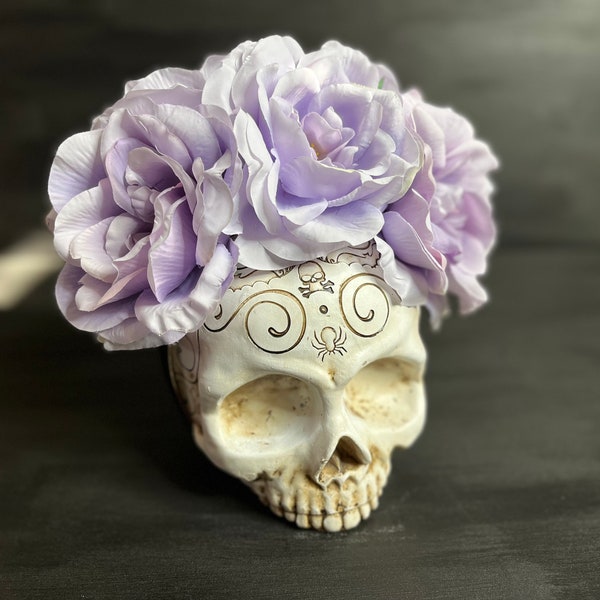 Flower Crown - Light purple peonies   (Black Headband, Dia de los Muertos, Wedding Headpiece, Honeymoon Floral Crown)