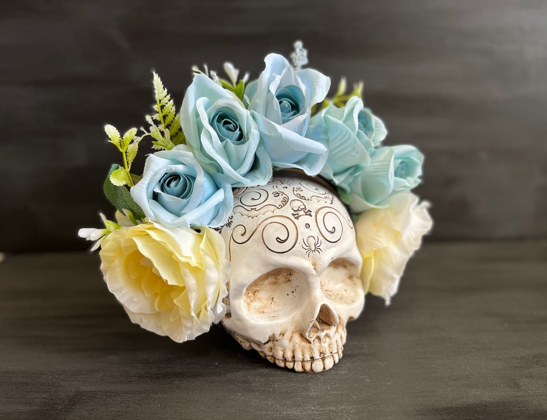 Flower Crown - Light Blue Roses With Yellow/white Roses & Greenery ...