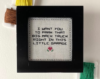Modern Cross Stitch, Funny Cross Stitch Completed in Black Frame with Song Lyric by Cardi B Wap