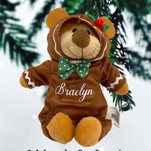 Personalized Brown Gingerbread Bear With Name, Customized Christmas Stuffed Animal, Kid’s Plush Toy, 12” Keepsake Plushie in costume, Decor