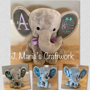 Grey birth stat elephant, birth announcement stuffed animal, personalized baby gift, keepsake, baby shower, personalized elephant, toy