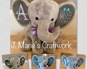 Grey birth stat elephant, birth announcement stuffed animal, personalized baby gift, keepsake, baby shower, personalized elephant, toy