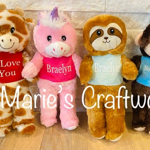 Customized 11” soft plush stuffed animals, Unicorn, Monkey, Sloth, Giraffe, personalized children’s toy, birthday gift, Easter present