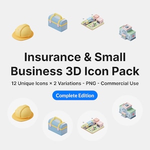 Puede incluir: Imagen de un paquete de iconos 3D para seguros y pequeñas empresas. Incluye un casco amarillo, una caja de herramientas azul, un edificio y una escena de pueblo pequeño. El texto dice "Insurance & Small Business 3D Icon Pack".