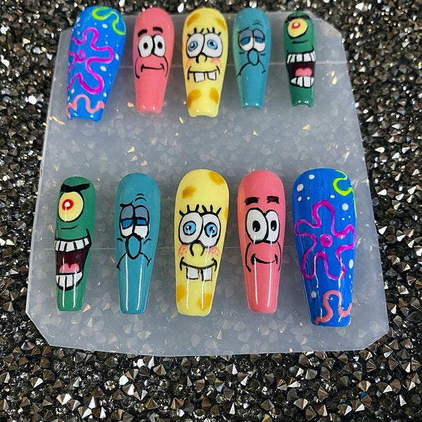 Sponge under the sea coffin press on nails