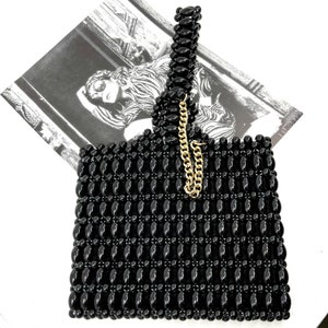 Vintage 1960s beaded handbag - Made in Japan - Jet black colour - fits iphone - stunning vintage condition - single strap wristlet style