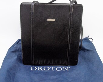 Vintage OROTON ladies leather tote shoulder bag - double straps - snap button closure - black colour - c1980-90s