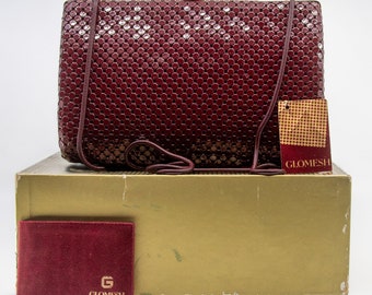 Vintage GLOMESH ladies hard shell / case structured handbag - burgundy and gold colour - in original box with mirror - c1980s