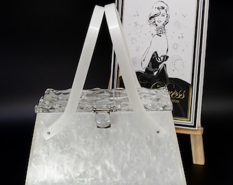 Vintage RIALTO NY carved pearlized / clear double handle lucite handbag - c1950s