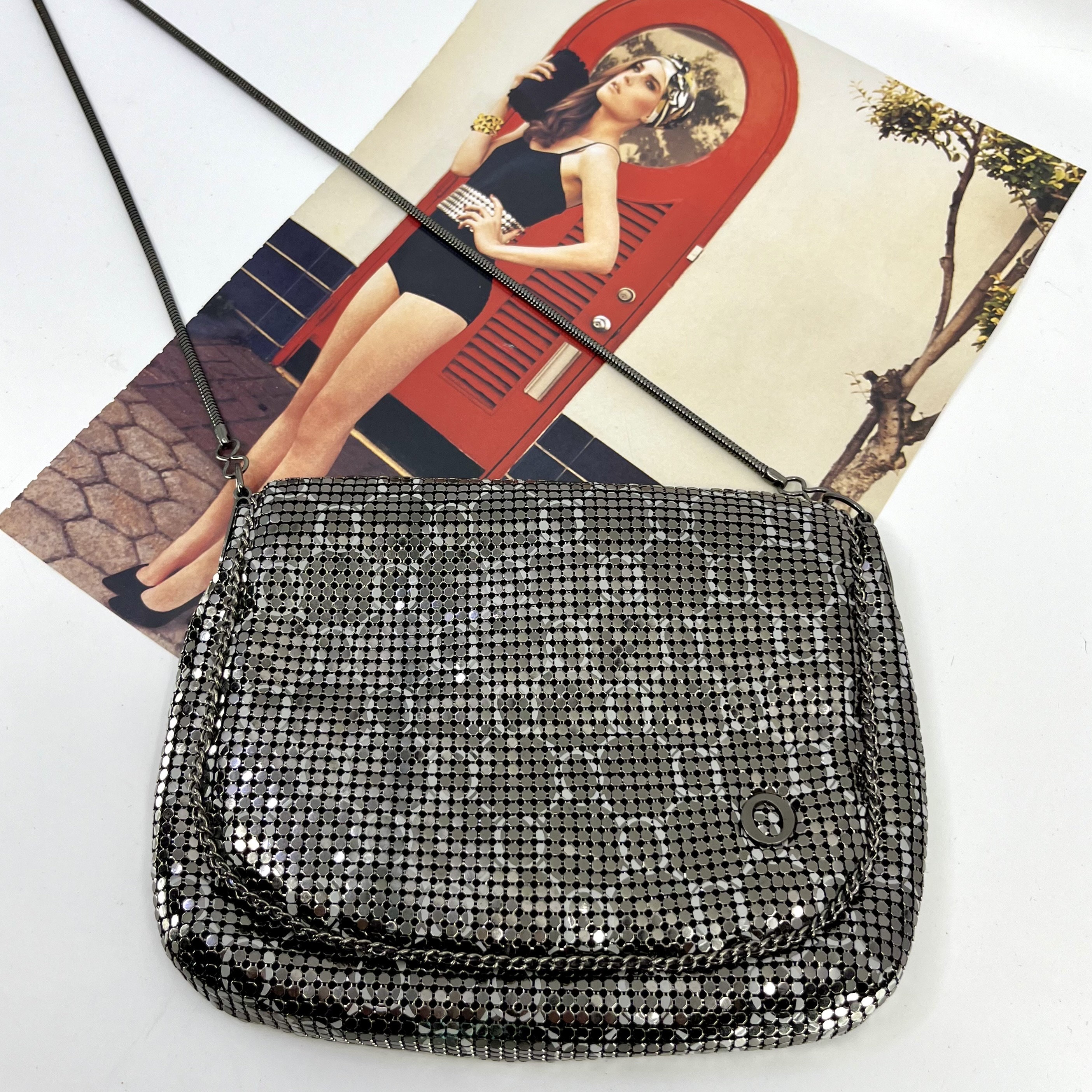 OROTON Ladies Mesh Crossbody Bag in Gunmetal Grey Logo Pattern
