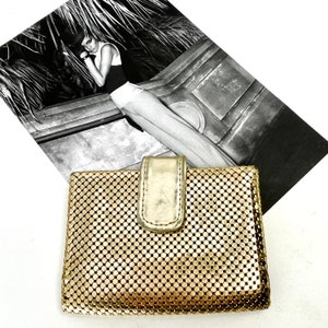 Vintage WHITING & DAVIS card holder purse / wallet - 4 card slots - snap button closure - gold colour - c1970s