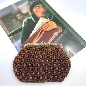 Vintage beaded and crochet 1950 / 60s mod style purse / pouch - lovely brown colour - fully lined