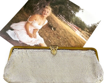 Vintage OROTON elegant long clutch - off white - gold frame - rhinestone clasp - in original box - c1950s