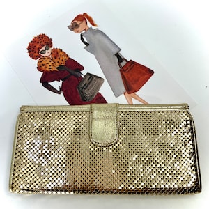 Sac à main/portefeuille WHITING & DAVIS vintage pour femmes, long et mince en filet doré - années 1980