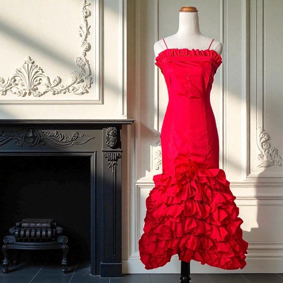 red bodycon ruffle dress Vintage STUDIBAKER HAWK flamenco red bodycon cocktail ruffle dress - c1980s