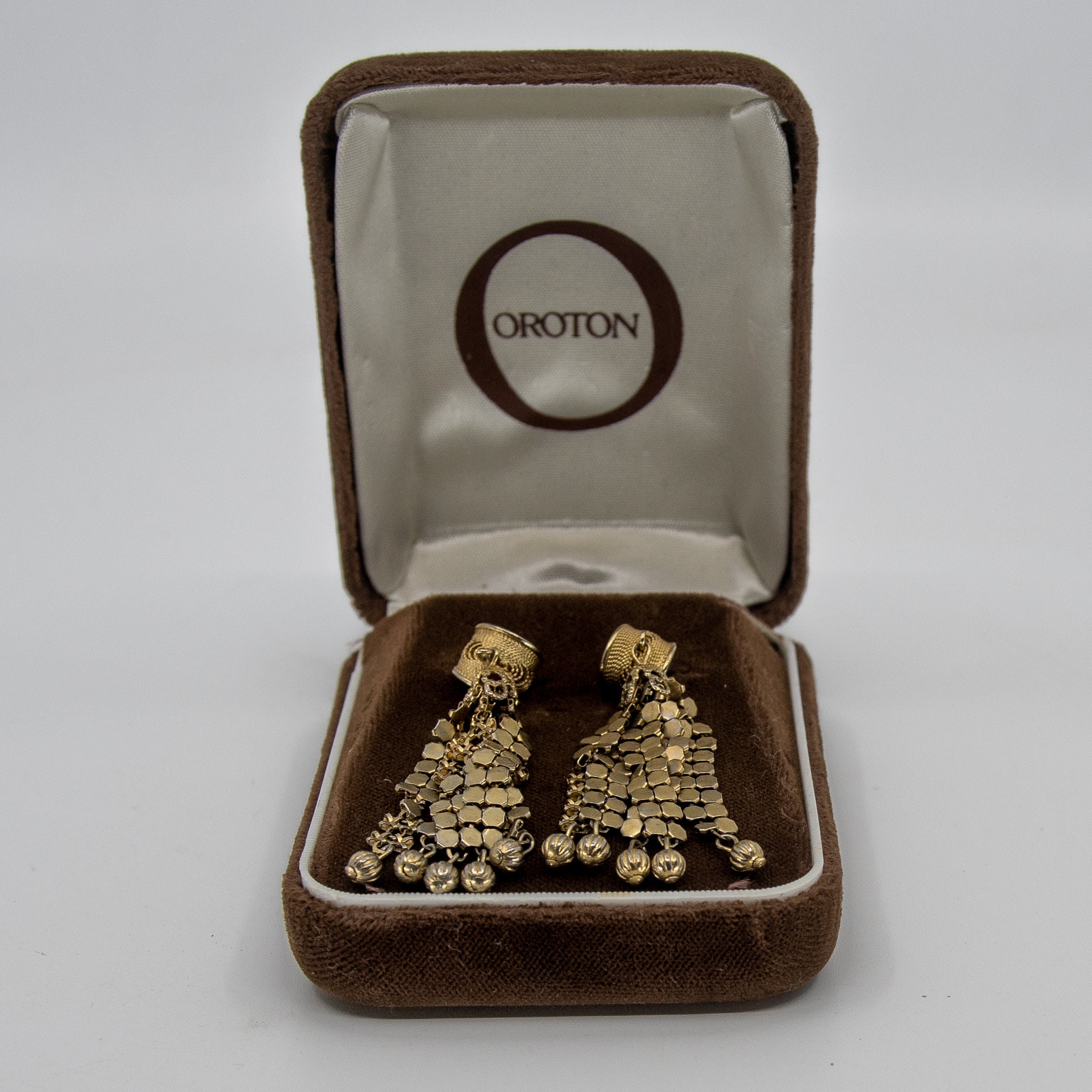 Vintage 1970s OROTON Mesh Drop Earrings Clip on Gold Colour