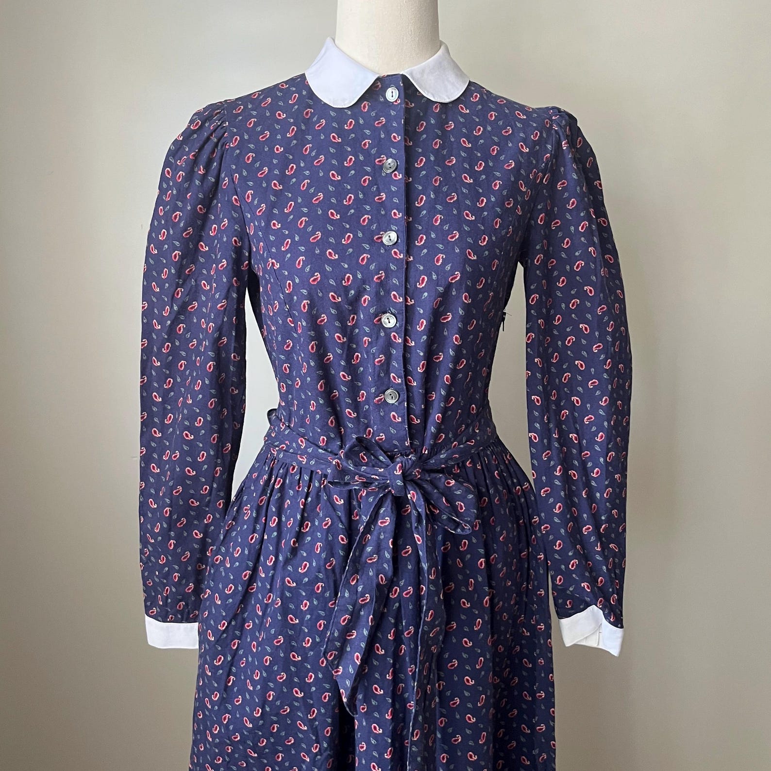 Vintage 70s 80s Navy Laura Ashley Paisley Cord Mid Length Prairie Dress S 8 10