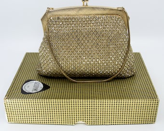 Vintage GLODYME - GLOMESH branded rhinestone / crystal evening handbag - in original box - gold tone - c1970s