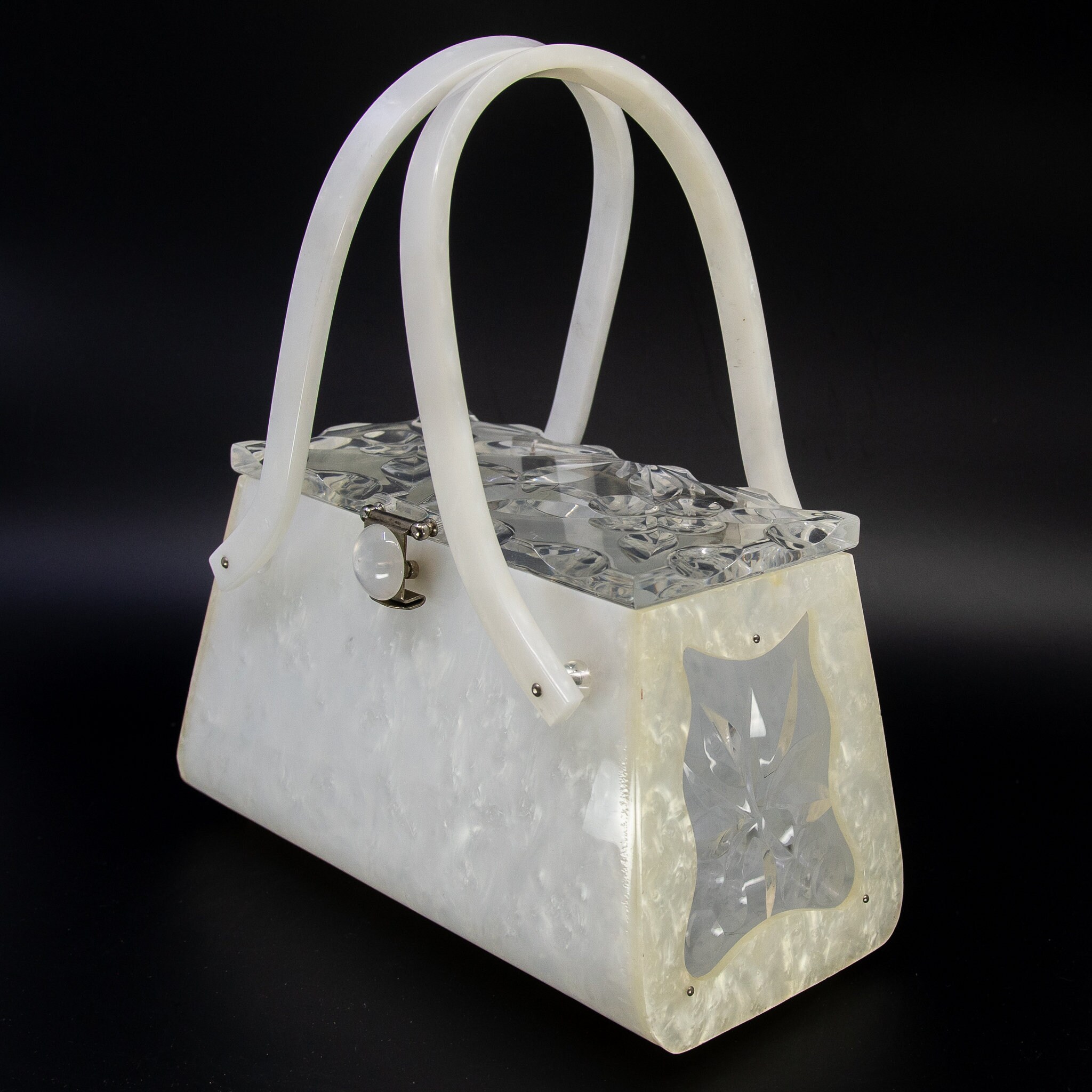 Vintage RIALTO NY Carved Pearlized / Clear Double Handle Lucite