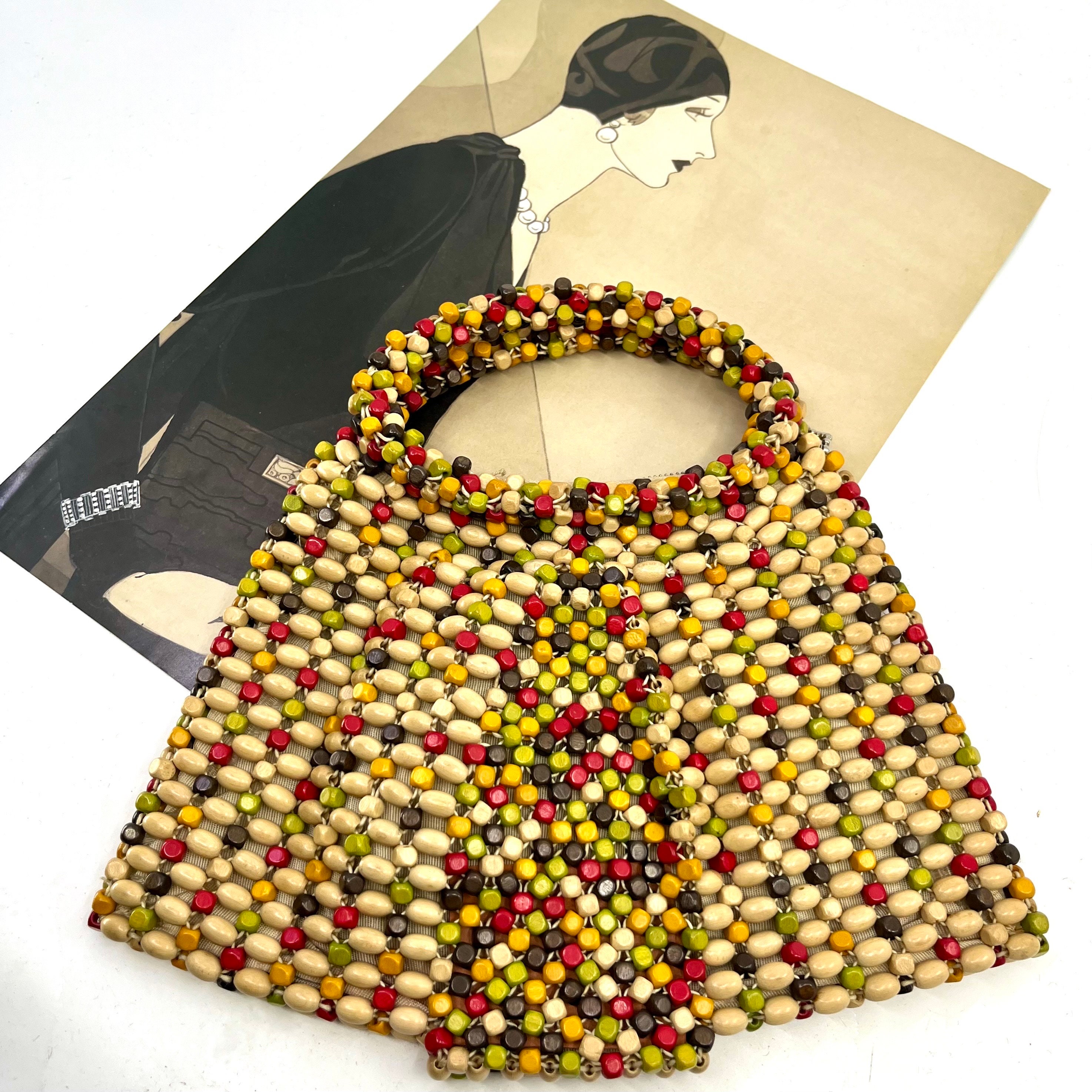 Vintage "SUZANNE" ART DECO made in Czechoslovakia wooded beaded hand made ladies bag - c1930s - zip closure