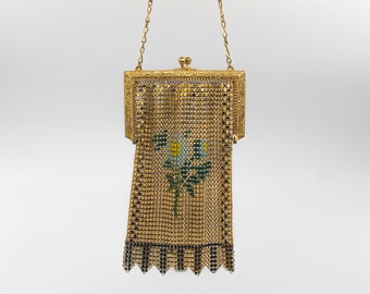 Antique / Vintage Art Deco Metal Mesh Flapper Purse / Bag -c1910 / 20s - floral front pattern
