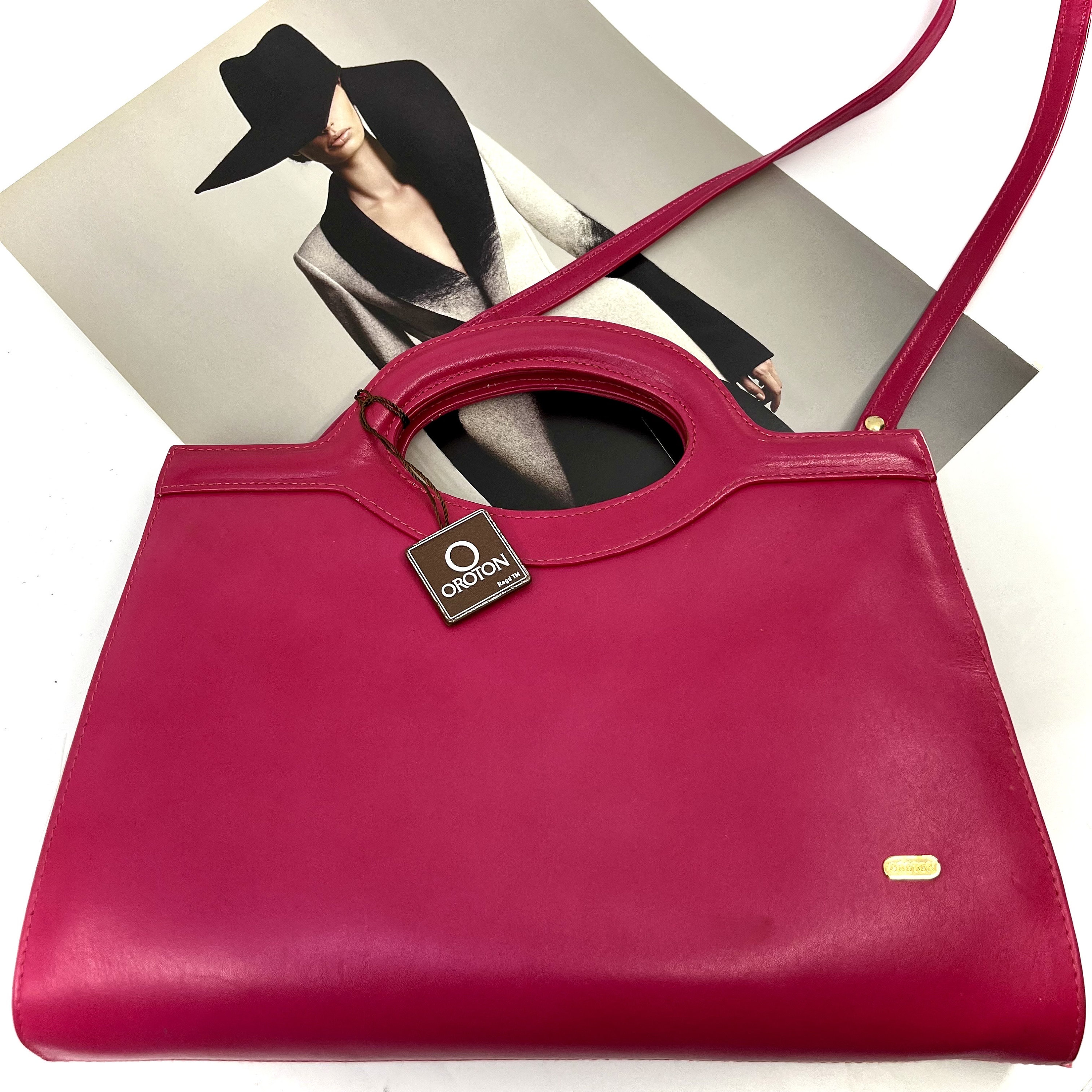 Vintage OROTON Genuine Leather Handbag in PINK FUSCIA Detachable