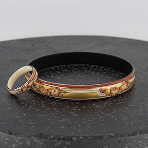 Vintage MICHAELA FREY enamel bracelet / bangle with matching ring - fabulous 2 piece set - floral design - cream / gold / brown