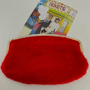 Vintage felt / wooly type ladies clutch bag / large purse - red and silver frame - c1970s