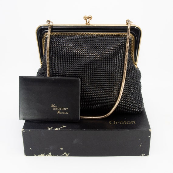 Vintage Oroton Branded Ladies Gold and Black Evening Handbag C1960s in Original Box