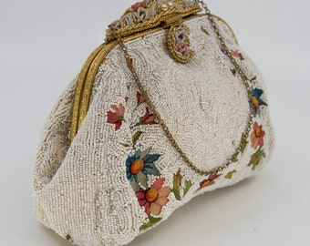 Vintage HAND MADE FRENCH micro / mini glass seed beaded and tambour embroidery bag with mirror inside - fabulous condition - floral design