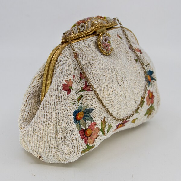 Vintage HAND MADE FRENCH micro / mini glass seed beaded and tambour embroidery bag with mirror inside - fabulous condition - floral design