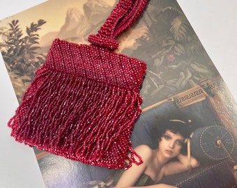 Vintage / Antique Red beaded wristlet / pouch / bag with beaded fringe in flapper style - c1920s - hand stitched - Art Deco