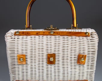 Vintage wicker top handle bag with lucite detail - c1950 / 60s - mid century