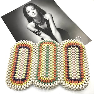 Vintage ART DECO hand made in Czechoslovakia wooden beaded clutch bag - wristlet strap on back - pastel colours - c1930s