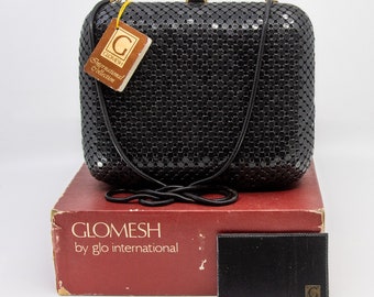 Vintage GLOMESH hard shell / case ladies handbag - black with gold accents - comes in original box with mirror and tags - c1980s