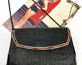 Vintage GLOMESH ladies structured shoulder bag - black mesh - tortoise shell sides - gold accents - fabulous condition
