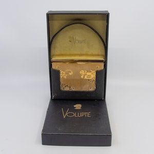 Vintage mid century VOLUPTE branded compact carryall / minaudiere - in original fabric case and box - floral design - c1950s