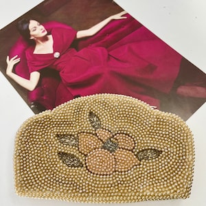 Vintage MADE IN JAPAN faux pearl beaded purse / small clutch - in original box - floral design on front