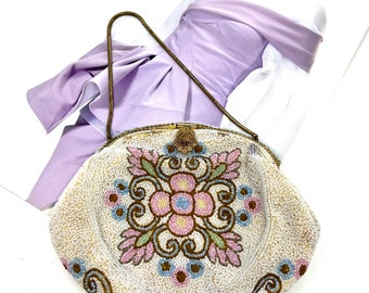Vintage MADE in FRANCE for WALBORG micro beaded glass beads handbag - pink floral design - c1940s