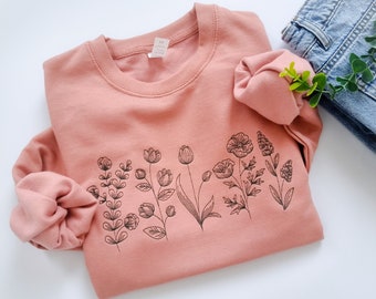 Embroidered Floral Sweatshirt, Plant Lover Sweater, Wildflowers Jumper, Botanical Crewneck Sweater, Plant Lady Gift, Cosy Floral Jumper