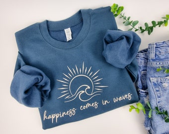 Beach Lover Embroidered Sweatshirt, Sea Waves Crewneck,  Sea Life Gifts, Beach Sweatshirt, Gift for Beach Lover