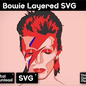May include: A layered SVG digital download of a red and black illustration of David Bowie. The illustration is a stylized portrait of Bowie with his signature lightning bolt makeup.