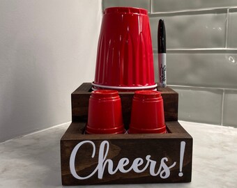 Plastic Cup Holder, 3D lettering, BBQ decor, Cheers plastic Cup Holder,Wood Cup Holder, Party cup Organizer,Cup Dispenser,Shot Glass Holder,