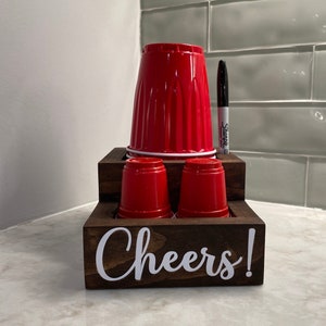 Plastic Cup Holder, 3D lettering, BBQ decor, Cheers plastic Cup Holder,Wood Cup Holder, Party cup Organizer,Cup Dispenser,Shot Glass Holder,