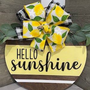 Colgador de puerta Hello Sunshine, limones, letras láser 3D, decoración de primavera, colgador de puerta de primavera, arco a cuadros de búfalo, cartel de bienvenida, decoración de granja