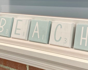 BEACH Sign | Large Scrabble Tiles with Wood Holder | Mother’s Day Gift | Housewarming Gift | Summer | Beach Plaque | Realtor Gift |