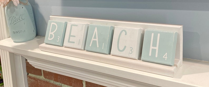 BEACH Sign Large Scrabble Tiles with Wood Holder Mothers Day Gift Housewarming Gift Summer Beach Plaque Realtor Gift image 1